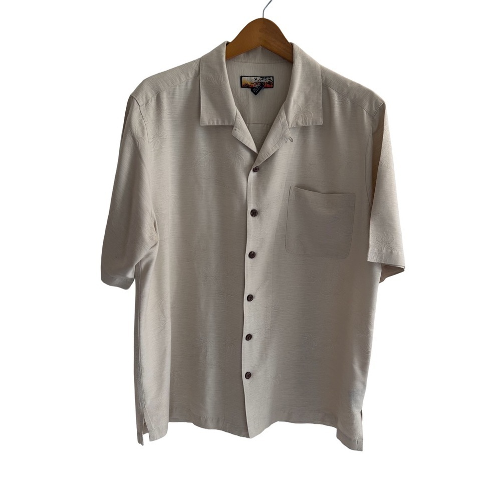 Havana Jack’s Cafe 100% Silk Men's Beige Button Down Shirt With Subtle Print L